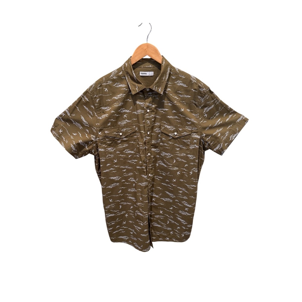 Sonoma Goods For Life Mens Short Sleeve Western Pearl Snap Shirt Olive Brown L